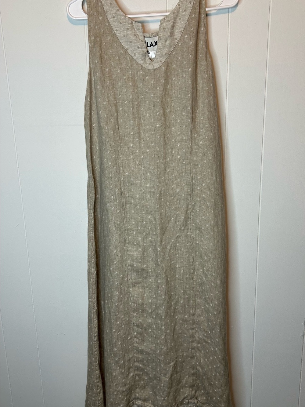 Flax Women’s Size Small Sleeveless Linen Dress Beige Polka Dots Midi 360